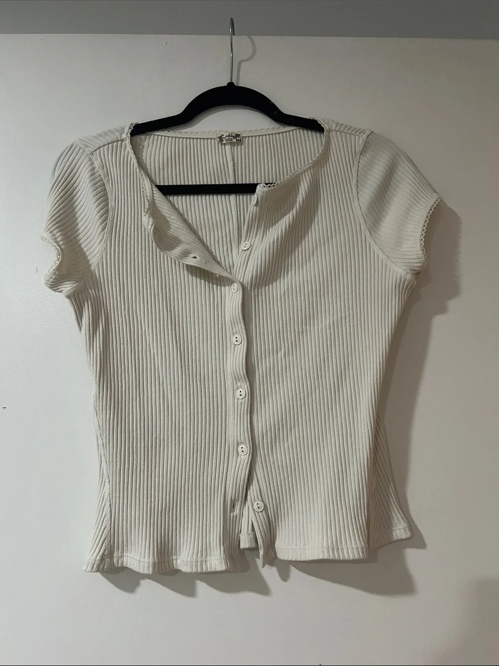Free people Cream Ribbed Button-Front Short Sleeve Top